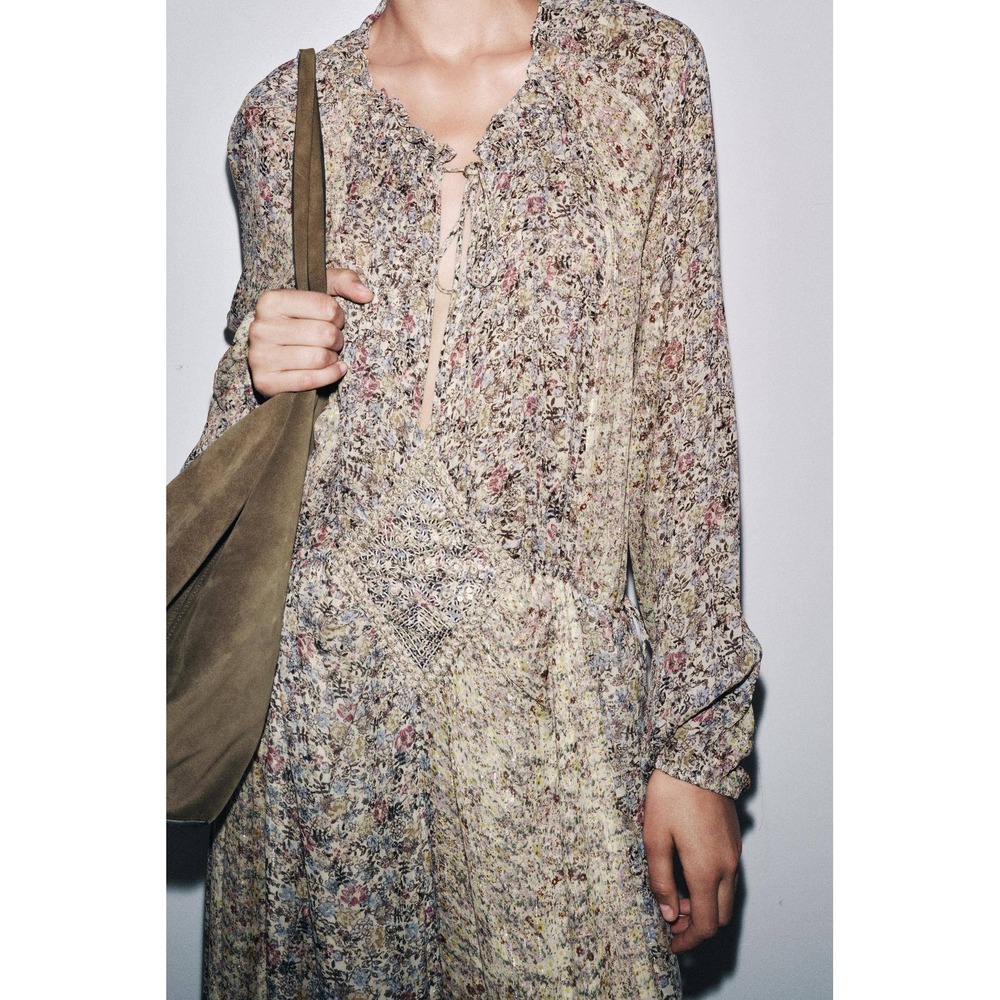 Zara ZW Women Floral Metallic Lurex Sequin Diamond Midi Dress Boho Multi Color M - Picture 4 of 8